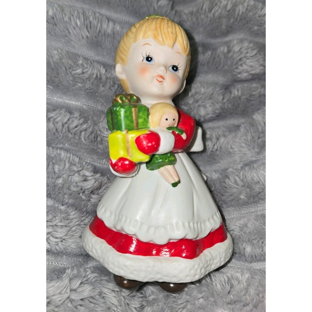 VINTAGE Christmas Girl w/doll Porcelain Figurine Holiday SHELF SITTER
